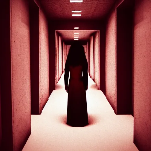 Image similar to A creepy woman standing in the center at the end of a dark red, long, fibrous hallway with hardly any light illuminating the room, dark photography, dark art style, trending on artstation, artstationHQ, artstationHD, 4k, 8k