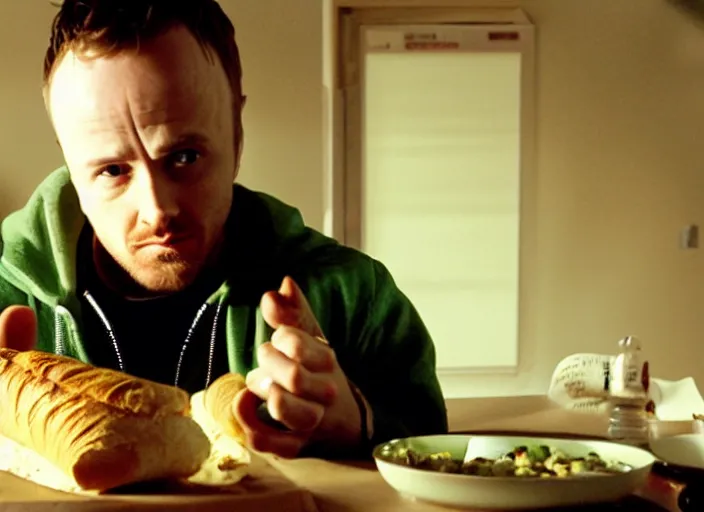 Image similar to photo of jesse pinkman from breaking bad eating a baguette, movie frame, cinematic composition, ultra detailed, sharp, breaking bad