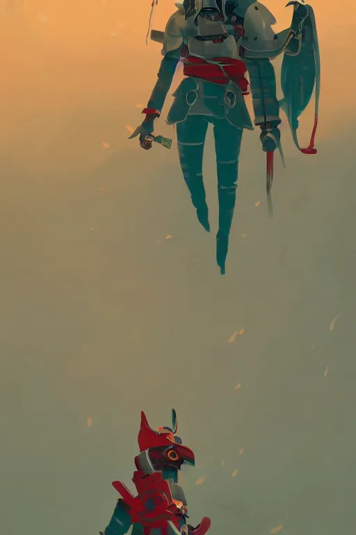 Image similar to female adventurer in tight full - body teal leather armor of japanese design with red accents and a white porcelain crow mask, trending in artstation, japanese, by simon stalenhag, establishing shot