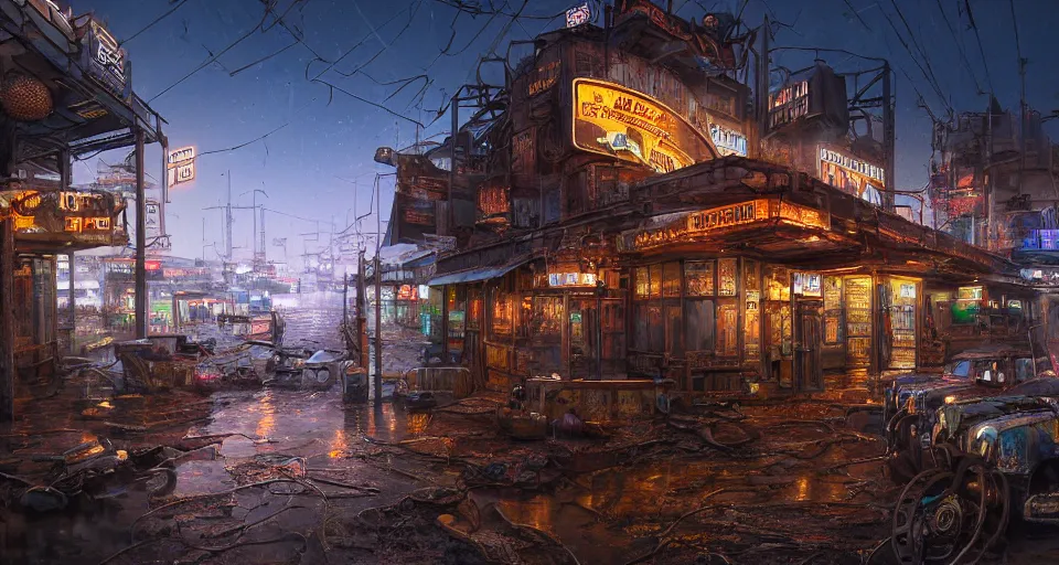 Prompt: beautiful matte painting with intricate details of the front of a pub made of scrap wood and scrap metal in a cyberpunk fishing village in the desert, flooded and dry cracked ground, neon signs, night time, by greg rutkowski, 4 k, extreme details, photorealism, depth of field, bokeh, 3 5 mm photograph