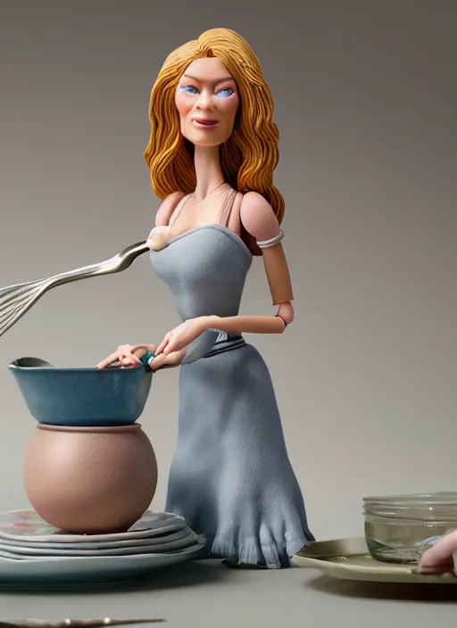 Image similar to product photography of a claymation action figure doutzen kroes doing the dishes, depth of field, zeiss lens, detailed, centered, by nicoletta ceccoli, mark ryden, erwin olaf, earl nore, frank frazetta, breathtaking, 8 k resolution, extremely detailed, beautiful, establishing shot, hyperrealistic