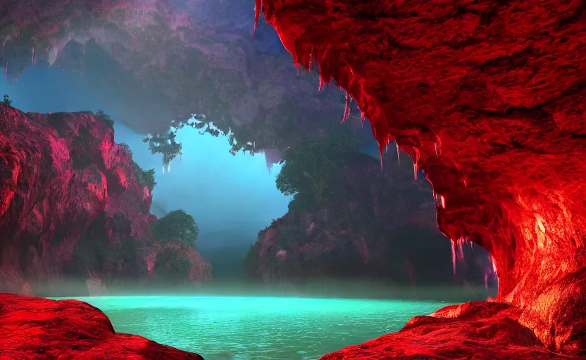 Prompt: a beautiful and stunning digital render of a humongous diamond cave, vines, haze, waterfall, volumetric lighting, photorealistic, red, green, blue sky, sunset, unreal engine 5, ultra detail, trending on artstation