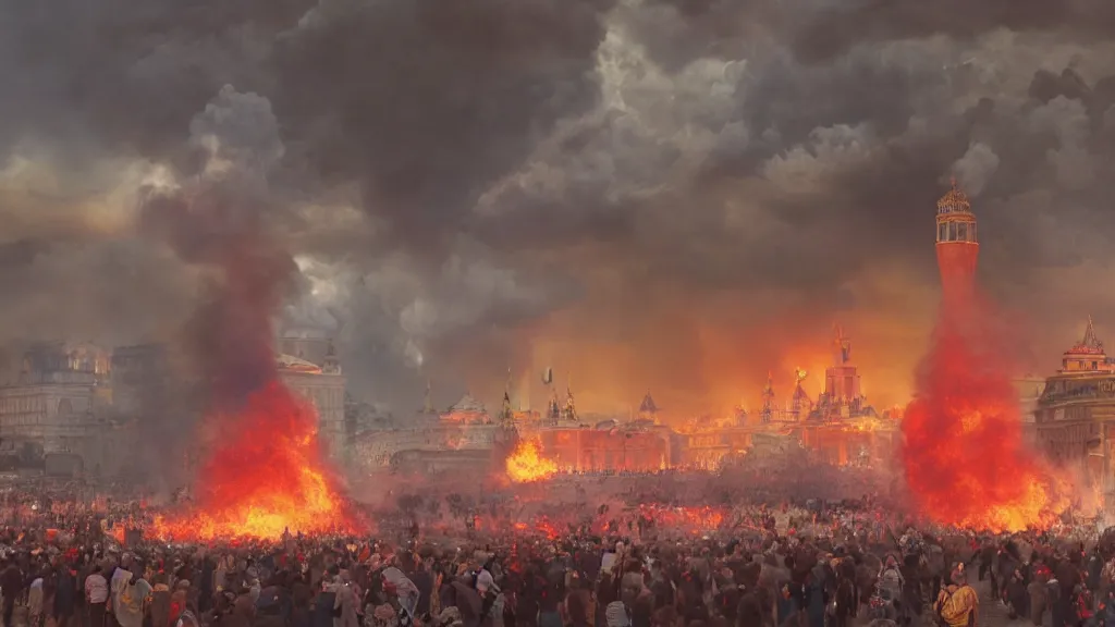 Prompt: ukranian army storming red square with fire and smoke burining in the background, lightning strikes, volumetric lightning by eugene von guerard, ivan shishkin, dramatic lighting, concept art, trending on artstation, 8 k