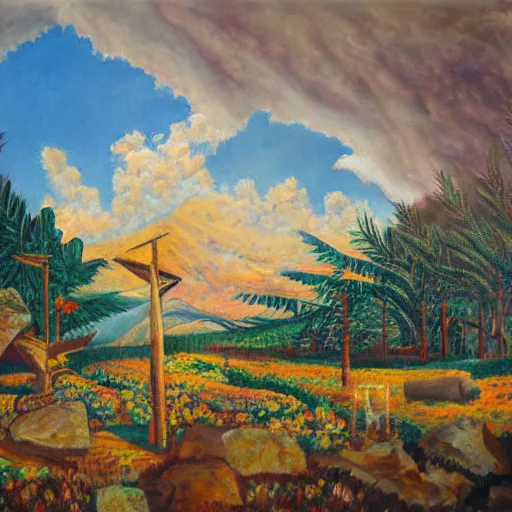 Prompt: The last day in paradise, oil on canvas, 1973