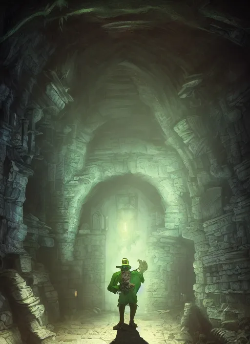 Image similar to A fantasy comic book style portrait painting of a leprechaun in a atmospheric dark dungeon, unreal 5, DAZ, hyperrealistic, octane render, RPG portrait, ambient light, dynamic lighting