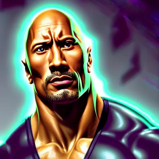 Prompt: portrait of dwayne johnson, long curly green hair, expressive pose, futuristic, highly detailed, digital painting, artstation, concept art, smooth, sharp focus, by caravaggio