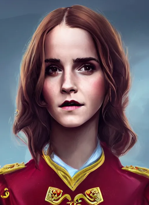 Prompt: a highly detailed illustration of emma watson as a long dark red haired wearing wine red epaulette uniform and coat cape, dramatic smiling pose, perfect face, intricate, elegant, highly detailed, centered, digital painting, artstation, concept art, smooth, sharp focus, league of legends concept art, wlop