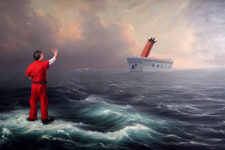 Prompt: ( ( a beautiful 8 k photorealistic masterpiece oil painting ) ( of ( a man lecturing on navigation while the ship is going down ) ) ( hyperrealism ) ( 1 6 k ) ( trending on artstation )