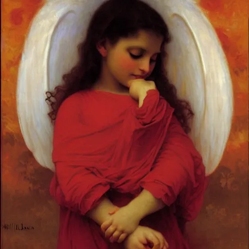 Image similar to Angel crying on top of a red ocean cube, oil painting by William-Adolphe Bouguereau