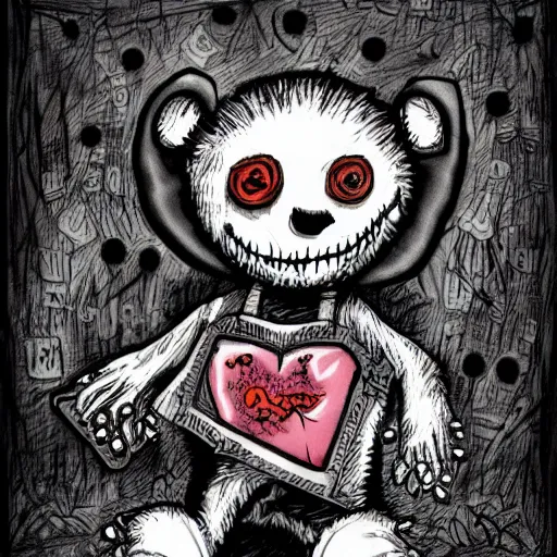 Image similar to dark art cartoon grunge drawing of a teddy bear playing with toys with bloody eyes by tim burton - loony toons style, horror theme, detailed, elegant, intricate, trending on art station