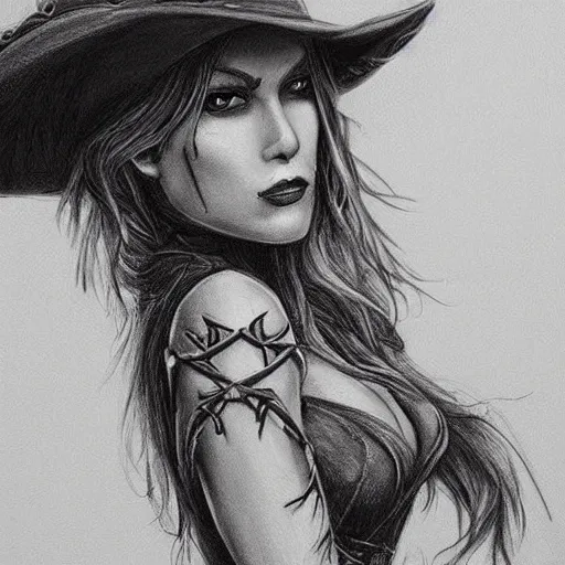 Image similar to beautiful cowboy witch, wild west, detailed, concept art, pencil drawing, trending on artstation