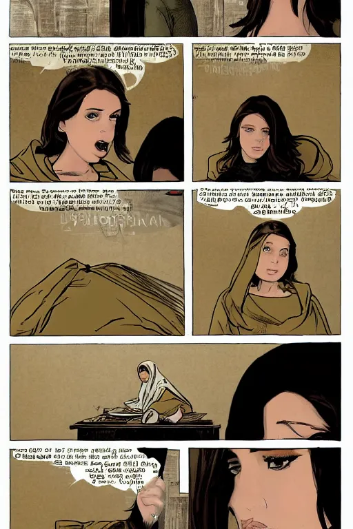 Image similar to short brown hair Arab Spanish shy beautiful young woman in a beige hoodie, Diwani calligrapher using bamboo pen, cinematic lighting, rule of thirds, comic by Dave Gibbons