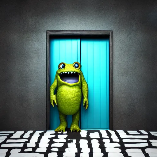 Image similar to photography, 3 d render, monster, door, water