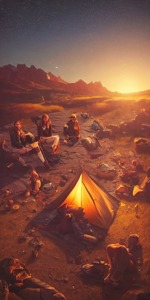 Image similar to symmetry!! they are tent camping by the campfire under a sky full of stars, surreal landscape, golden hour, very detailed, perfect composition, perfect lighting, 4 k, trending on artstation, greg rutkowski, derek zabrocki, artgerm, chuck close, ruan jia, makoto shinkai, wlop