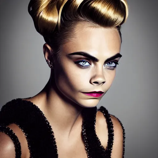 Prompt: portrait of beautiful cara delevingne with a midcentury bombshell hairstyle by mario testino, headshot, detailed, award winning, sony a 7 r
