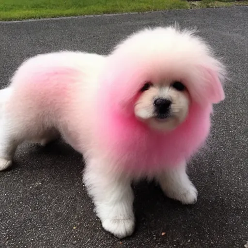 Prompt: a an adorable pink fluffy puppy with under a rainbow
