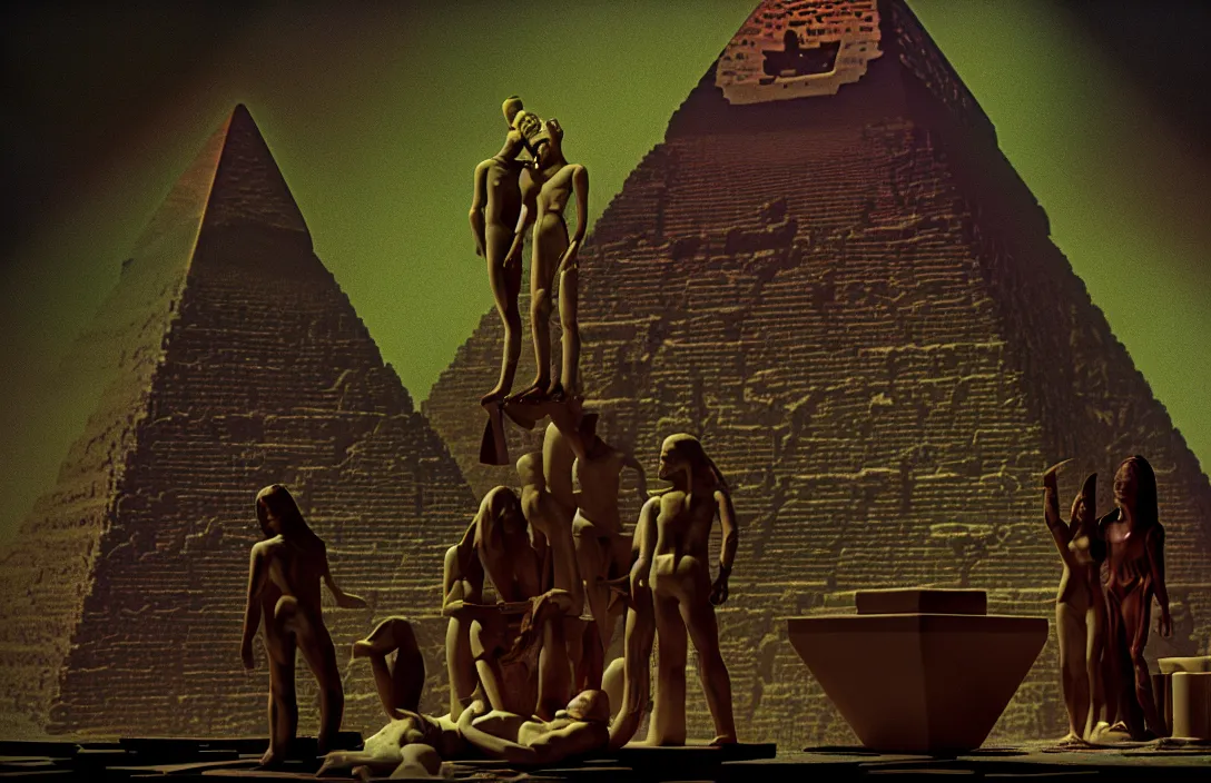 Image similar to result is a sophisticated interplay between warm, cool, light and dark colors. the pyramid of figures is drawn together intact flawless ambrotype from 4 k criterion collection remastered cinematography gory horror film, ominous lighting, evil theme wow photo realistic postprocessing divisionism emerging from lush greenery queen of heaven building by frank lloyd wright