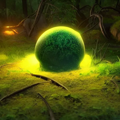 Image similar to : glowing orb, bioluminescent plant in a forest, wallpaper, artstation,cg society 8k render