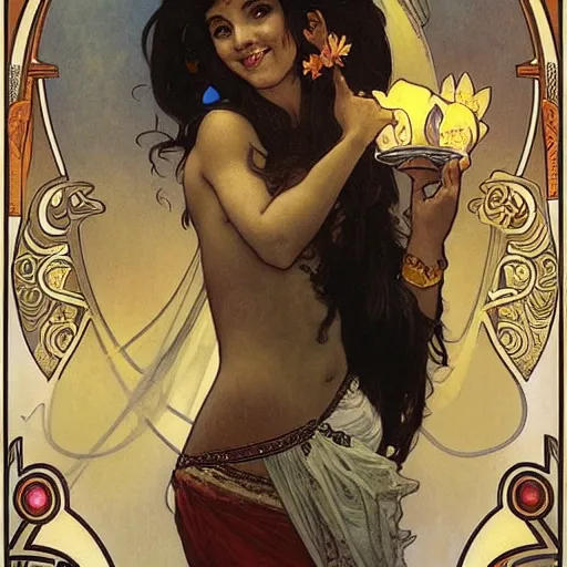 Prompt: a young brown skinned short brown haired female genie, emerging from her lamp, confident and smiling, by Alphonse Mucha, Ayami Kojima, Amano, Charlie Bowater, Karol Bak, Greg Hildebrandt, Jean Delville, and Mark Brooks, Art Nouveau, Neo-Gothic, gothic, rich deep moody colors