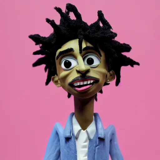 Image similar to a cartoon claymation medium close up sculpture of Playboi Carti, in the style of Tim Burton