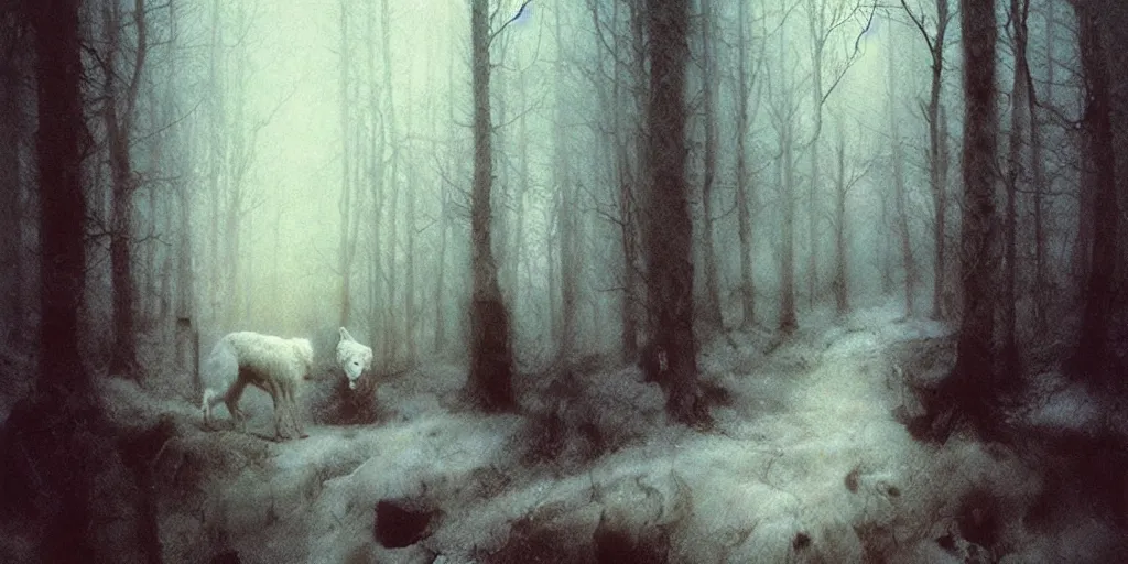 Image similar to a white wolf walks through a nightmare landscape, sad, emotive, high detail, by beksinski and ruan jia