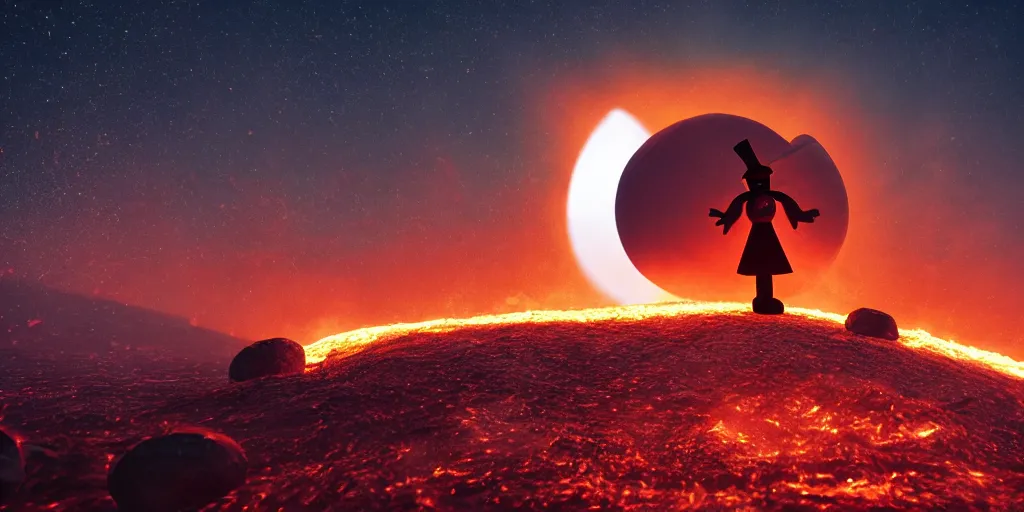 Prompt: a snowman standing on top of the sun. the ground is made of fire and lava and is glowing orange. cinematic, dramatic, volumetric lighting, atmospheric, red, orange extremely coherent, 8 k, space