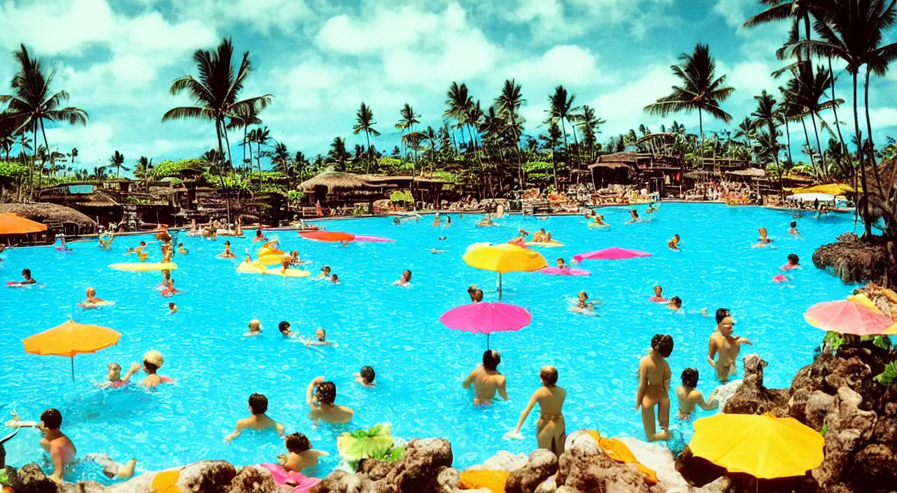 Prompt: a beautiful day at a Hawaiian pool,colorised,photograph