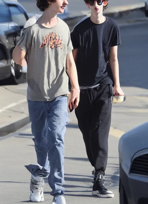 Prompt: photo of Timothee Chalamet walking in LA with his boyfriend
