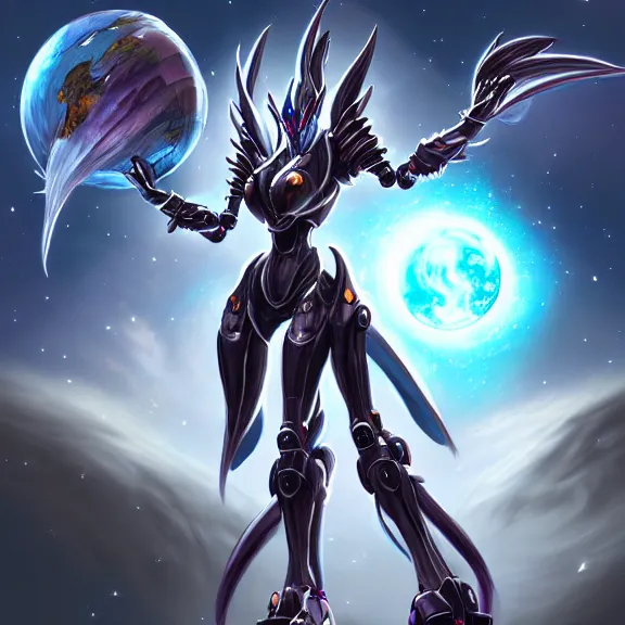 Image similar to goddess shot, galactic sized stunning hot anthropomorphic robot mecha female dragon, in space, larger than planets, holding the earth, the earth a mere marble in her claws, detailed silver armor, epic proportions, epic scale, digital art, furry, macro, dragon, giantess, warframe fanart, destiny fanart, furaffinity, deviantart, realistic