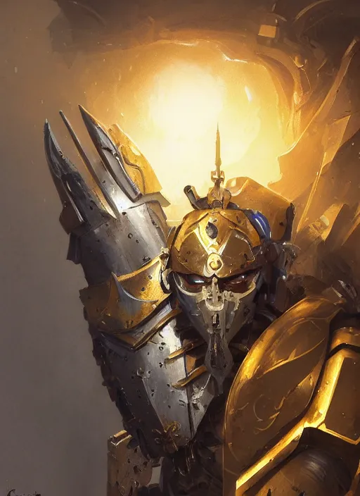 Image similar to dynamic abstract portrait of a intricate glorious holy mechanical warforged character in yellow armor holding a paladin engraved great longsword drawn and carrying a big paladin shield, spotlight from face , epic , trending on ArtStation, masterpiece, cinematic lighting, by Greg Rutkowski and by Ross Tran