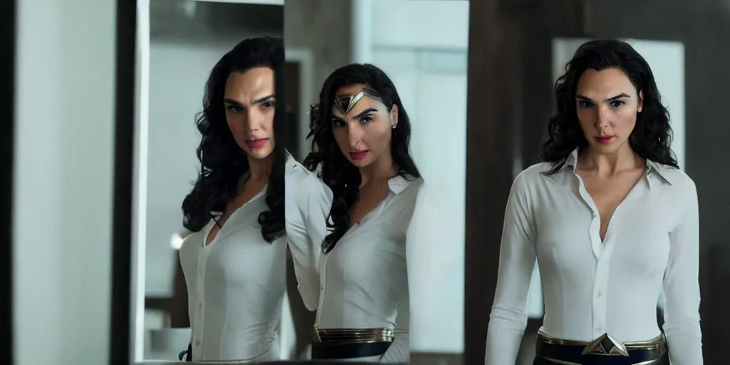 Prompt: ultra wide angle photo of gal gadot dressed in a white blouse and black dress pants as diana prince looking at herself in a bathroom mirror and seeing her reflection as wonder woman