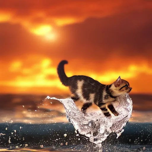 Prompt: a closeup photorealistic photograph of a cute kitten - chihuahua hybrid splashing in the surf during sunset. professional capture, well lit shot. this 4 k hd image is trending on artstation, featured on behance, well - rendered, extra crisp, features intricate detail, epic composition and the style of unreal engine.