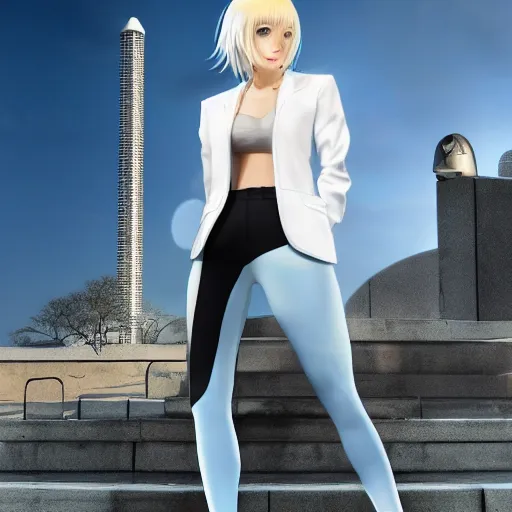 Image similar to aristocratic platinum - blonde - haired bob cut blue - eyed princess wearing white leggings and black jacket, standing next to communist monument, anime, hd anime wallpaper, hyperrealistic lighting, octane render, drawn by artgerm