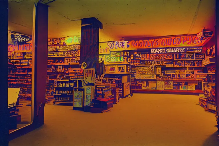 Prompt: inside of a 1970s music store store, neon lights, dirty, ektachrome photograph, volumetric lighting, f8 aperture, cinematic Eastman 5384 film