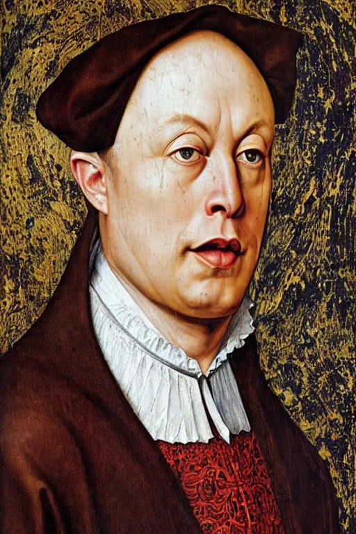 Image similar to renaissance 1 6 0 0 portrait of elon musk, oil painting by jan van eyck, northern renaissance art, oil on canvas, wet - on - wet technique, realistic, expressive emotions, intricate textures, illusionistic detail