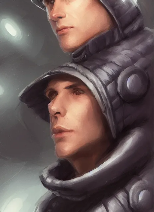 Image similar to patrick fabian wearing a black supreme puffer jacket and a beanie, elegant, digital painting, concept art, smooth, sharp focus, illustration, from starcraft by ruan jia and mandy jurgens and artgerm and william - adolphe bouguerea