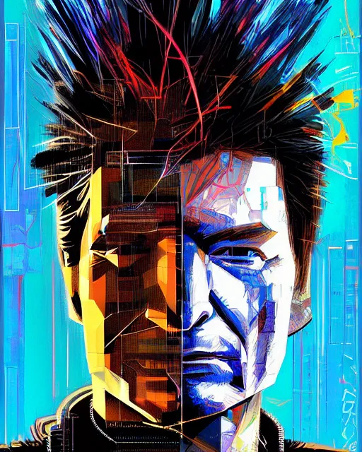 Prompt: a cyberpunk portrait of nathan fillion by jean - michel basquiat, by hayao miyazaki by artgerm, highly detailed, sacred geometry, mathematics, geometry, cyberpunk, vibrant, water