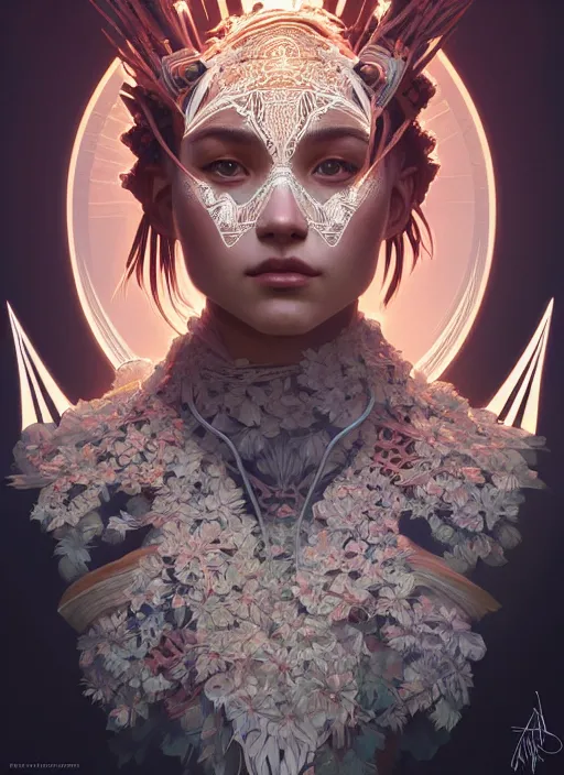 Image similar to symmetry!! portrait of floral! horizon zero dawn machine, intricate, elegant, highly detailed, digital painting, artstation, concept art, smooth, sharp focus, illustration, art by artgerm and greg rutkowski and alphonse mucha, 8 k