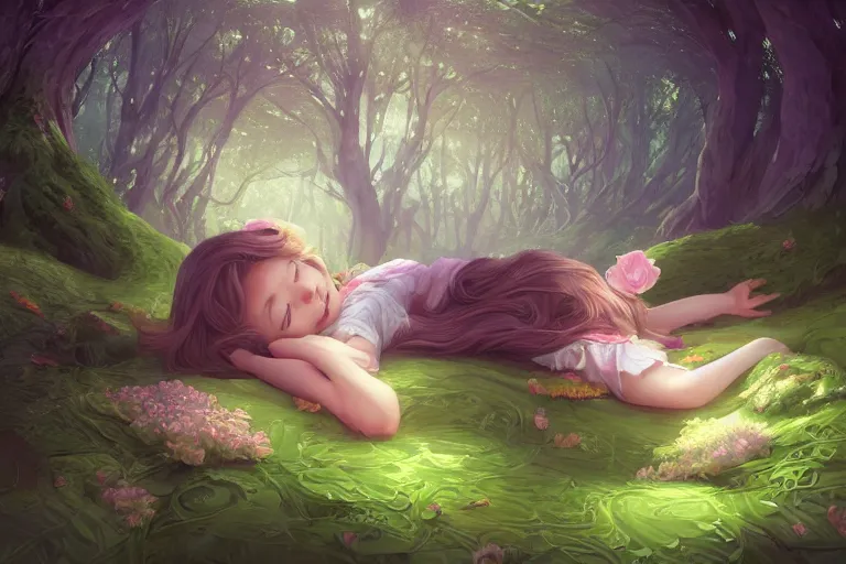 Prompt: a beautiful illustration of a little cute girl in her bed dreaming about a beautiful green forest, fantasy, intricate, epic lighting, cinematic composition, hyper realistic, 8 k resolution, unreal engine 5, by artgerm, tooth wu, dan mumford, beeple, wlop, rossdraws, james jean, marc simonetti, artstation