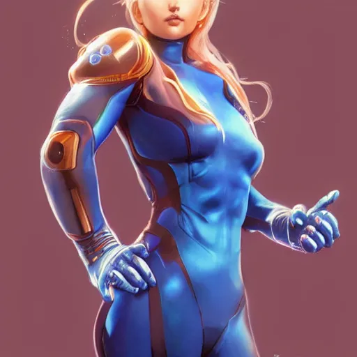 Prompt: Samus Aran in her blue skintight suit highly detailed, digital painting, artstation, concept art, sharp focus, illustration, cinematic lighting, art by artgerm and greg rutkowski and alphonse mucha