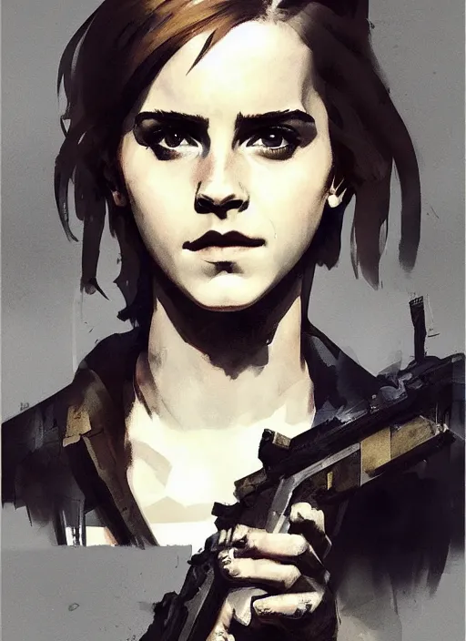 Prompt: emma watson wearing metal gear armor holding rifle dramatic lighting art by rembrant by vermeer by Yoji Shinkawa by Richard Schmid by greg rutkowski by Sandra Chevrier by Jeremy Lipking cinematic dramatic