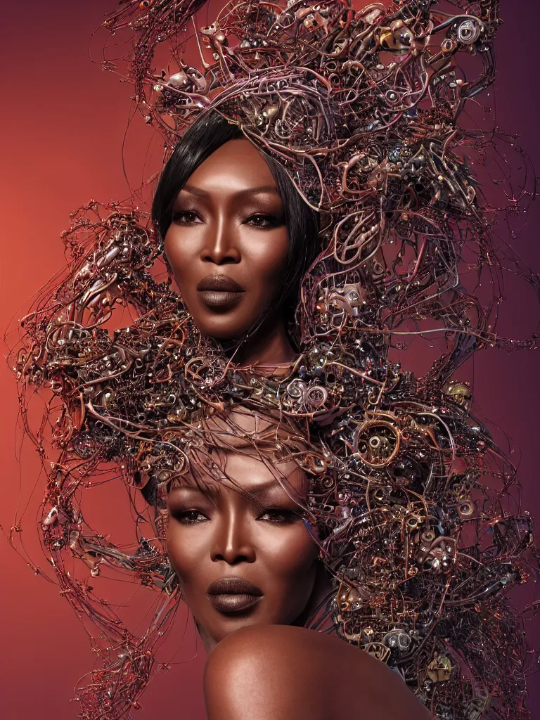 Image similar to a centered render of naomi campbell surrounded by intertwining bio - mech tendrils made of machine and robot parts with gemstones and leaves and feathers and incense smoke flowing around, full body, gorgeous face, perfect face, powerful, by james jean, by ross tran, 3 d, trending on artstation, octane render, 8 k