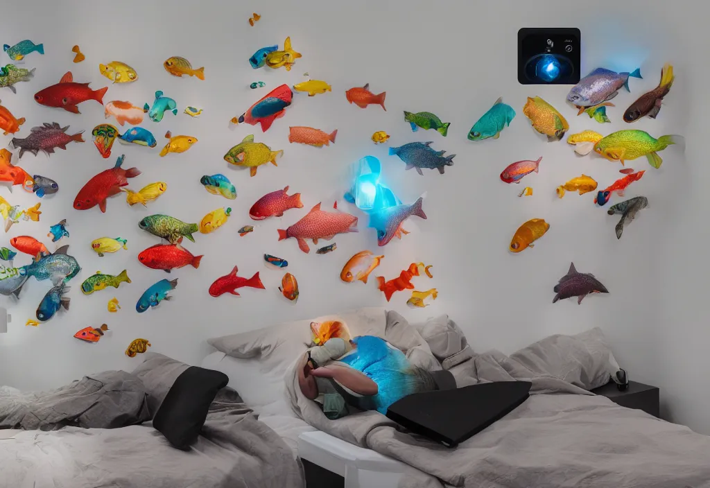 Prompt: 3 d fishes popping out of curved movie screen floating in bedroom, volumetric lighting, sleeping, pair of keycards on table, bokeh, creterion collection, shot on 7 0 mm, instax