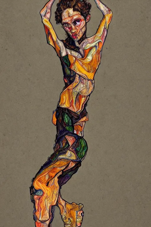 Image similar to a full body character with multiple lifted arms in style of egon schiele and herakut, masterpiece, hyperdetailed, complex, intricate, veiled, 4 k, 8 k, dynamic!!, trending on artstation