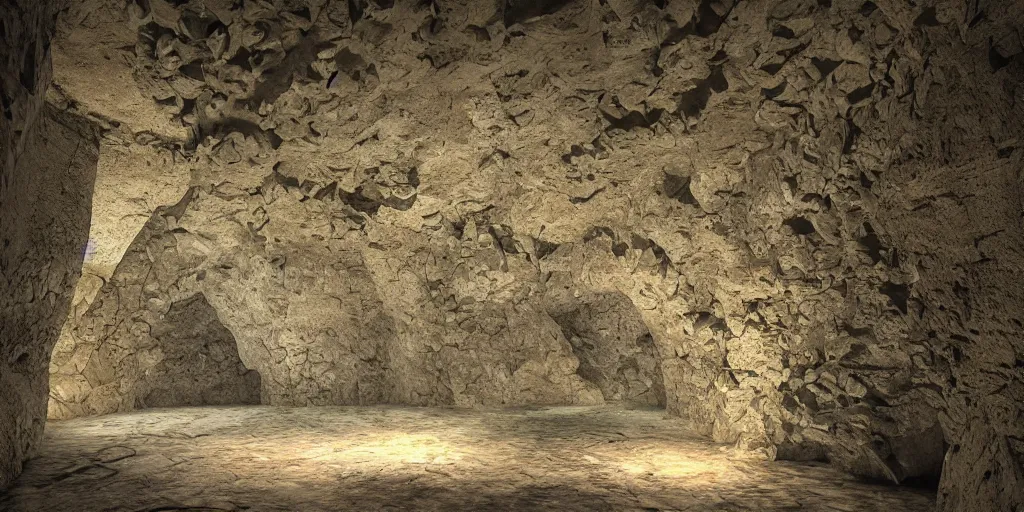 Image similar to ancient cave wall, symmetrical, realistic, detailed, dynamic light