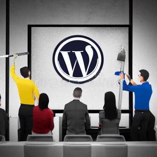 Prompt: developers sitting in front of a screen, removing wordpress with a hammer, photorealistic, stock photography, high res