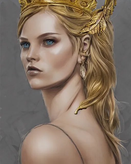 Image similar to tattoo design sketch of hot blonde super model as aphrodite greek goddess wearing a gold laurel wreath and triangle earrings, beautiful piercing gaze with sharp pupils, in the style of greg rutkowski, fantasy, amazing detail, epic, elegant, smooth, sharp focus, front view