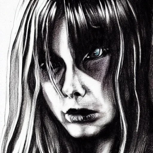 Image similar to grunge drawing of margot robbie in the style of the grudge