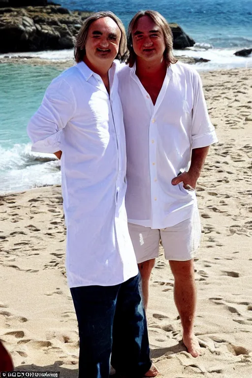 Prompt: Braco the gazer wearing a white shirt is on the beach with a different man who looks like john belushi no sunglasses, smiling