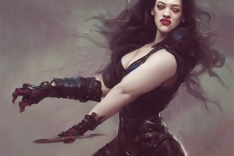 Prompt: A portrait of a Kat Dennings sticking her tongue out while striking a heroic pose in a small leotard Ruan Jia and Mandy Jurgens and Artgerm and william-adolphe bouguerea, highly detailed, trending on artstation, award winning, H 768